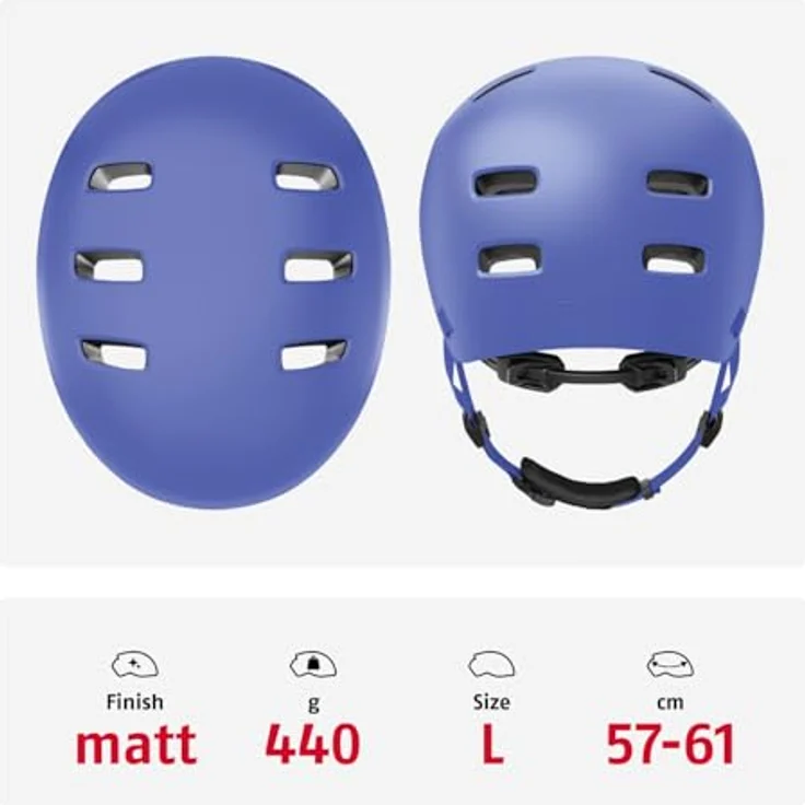 ABUS XOXO Fahrradhelm, Cityhelm im Skater-Look mit optimiertem Kinnpolster für Skateboard, Fahrrad und Scooter, Größe L, mono blau – Bild 3