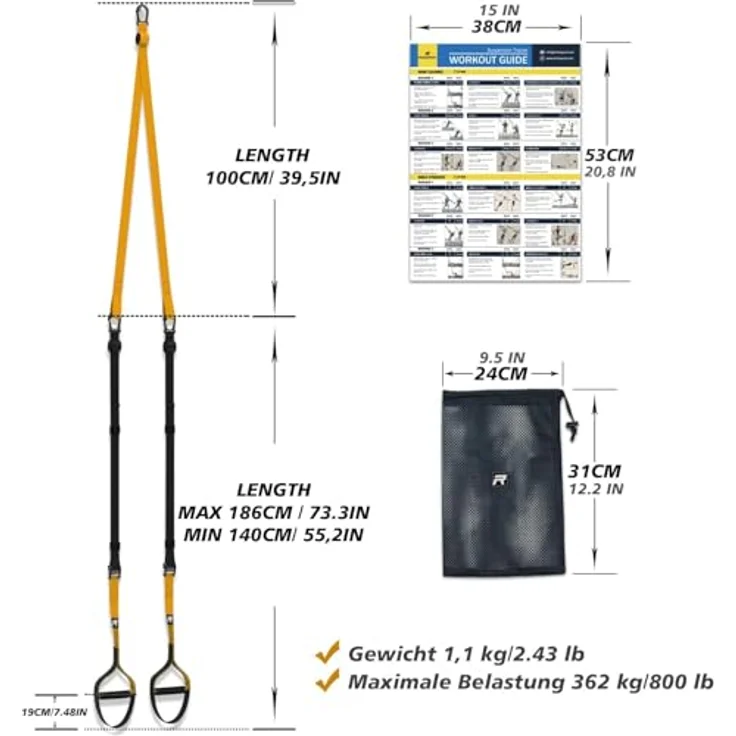 RHINOSPORT Schlingentrainer Sling Trainer Set mit Türanker Einstellbar Fitness Zuhause Suspension - geeignet für unterwegs und für das Training im Innen- und Außenbereich - Preisvergleich – Bild 3