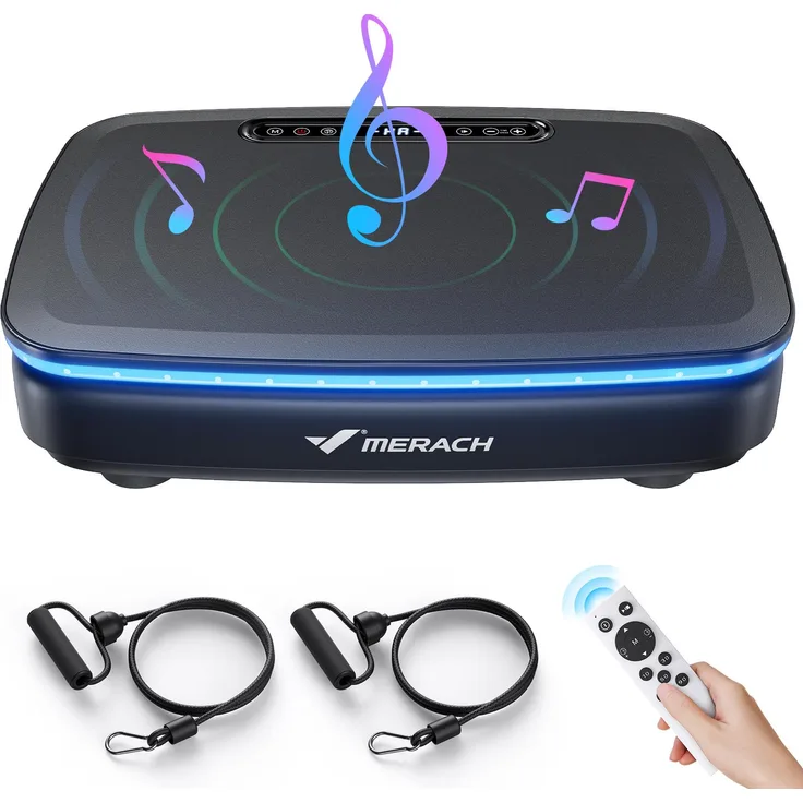 Merach Vibrationsplatte Vibrationstraining mit 99 Stufen, 7 Programmen, LED, Fernbedienung, Bluetooth, 2 Widerstandsbändern, 150W, schwarz