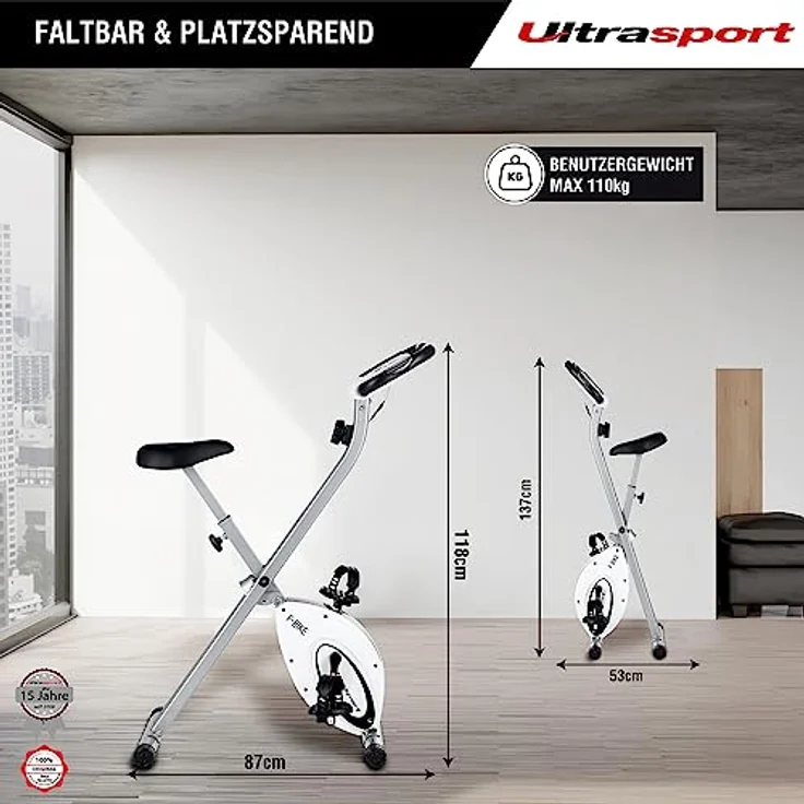 Ultrasport F-Bike, F-Rider Basics, Fahrradtrainer, Fitnessfahrrad LCD Trainingscomputer, Klappbarer Hometrainer, Max. Benutzergwicht 110 kg, Pulsmessung, 8 Widerstandsstufen, Trimmrad, Weiß/Silber – Bild 3
