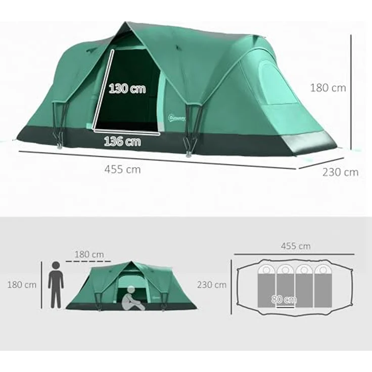 Outsunny Campingzelt für 5-6 Personen wasserdicht Familienzelt mit Eingang Fenster Tunnelzelt Kuppelzelt, Grün – Bild 5
