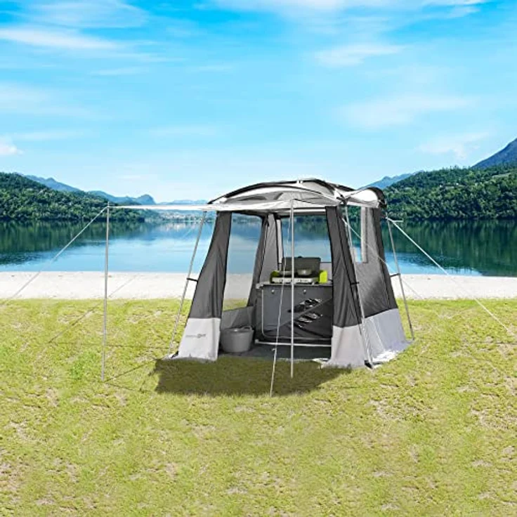 Brunner Multifunktionales Küchen- und Materialzelt mit Stahl- und Fiberglasrahmen, großen Fenstern und hochrollbarer Eingangstür – Bild 4