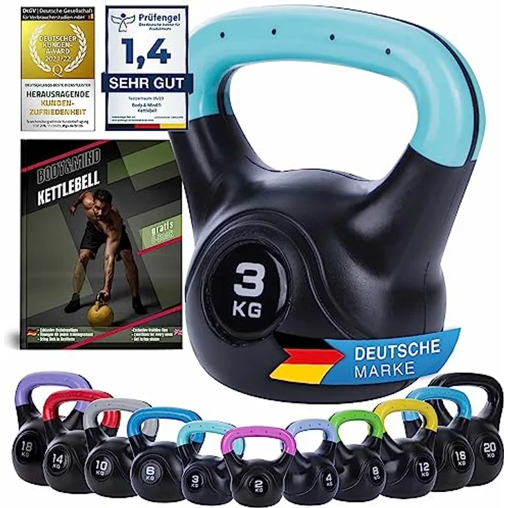 Body & Mind® Kettlebell Kugelhantel 2-20 kg - Workout Gewicht-Hantel für Kraft-Training - Profi Fitness Schwunghantel aus Kunststoff (b - 3 kg)