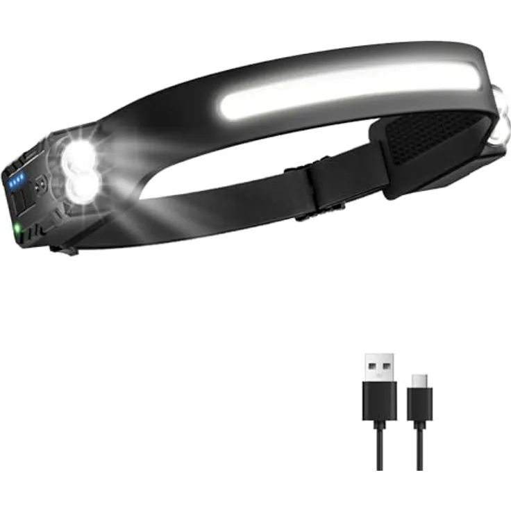 Oderra Stirnlampe LED, wiederaufladbar, 400 Lumen, 8 Modi, IPX4 wasserdicht, Bewegungssensor, 2400 mAh Akku, superleicht für Camping und Angeln
