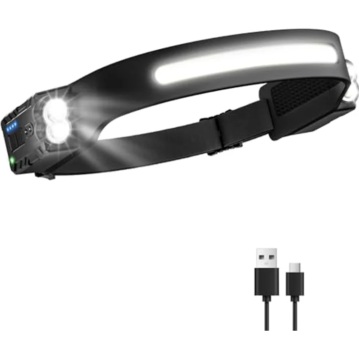 Oderra Stirnlampe LED, wiederaufladbar, 400 Lumen, 8 Modi, IPX4 wasserdicht, Bewegungssensor, 2400 mAh Akku, superleicht für Camping und Angeln – Bild 1