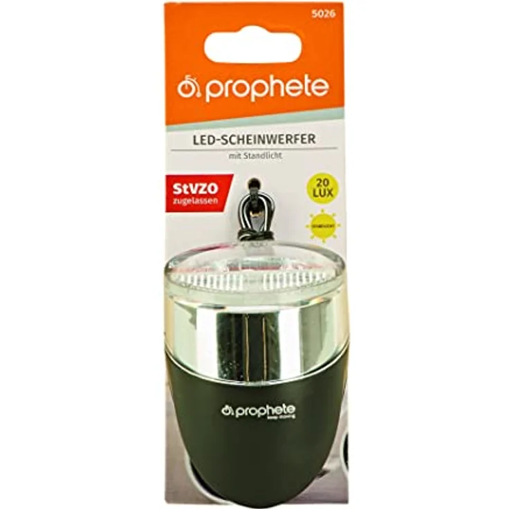 Prophete Fahrradbeleuchtung, LED-Scheinwerfer 20 LUX mit Standlicht, StVZO zugelassen, 170x60x90mm, Nirosta-Halter – Bild 5