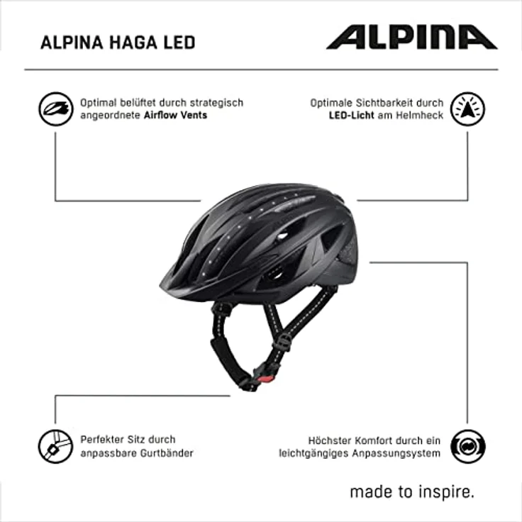 Alpina Haga Led Black Matt, Größe 51 - 56 cm - Fahrradhelm, Farbe Schwarz – Bild 7