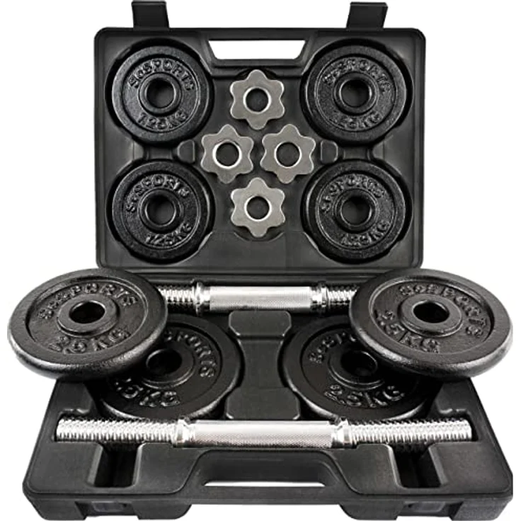 ScSPORTS® Kurzhanteln - 2er Set, 20 kg, mit Koffer, inkl. 8 Gewichte (4 x 2,5kg und 4 x 1,25kg), ⌀ 30/31 mm, Gusseisen, Sternverschlüsse - Kurzhantelset, Hantelset, Kurzhantel, Home Gym, Fitness – Bild 1