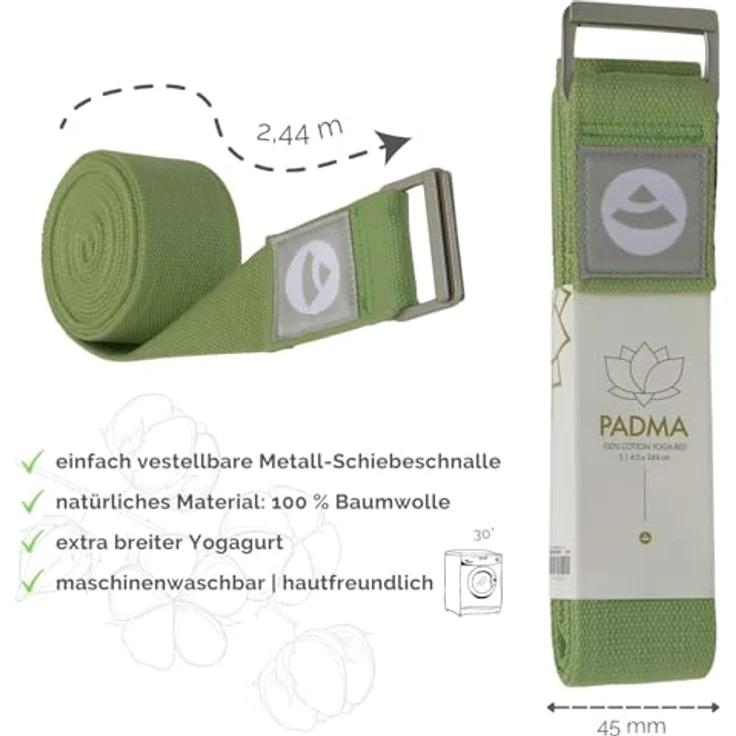 Bodhi Padma Yogagurt, Yoga Belt aus 100% Baumwolle, extra breites Yogaband mit waschbarem Yoga Strap und Schiebeschnalle aus Metall, für Dehnung und Fitness, tarragon green – Bild 2