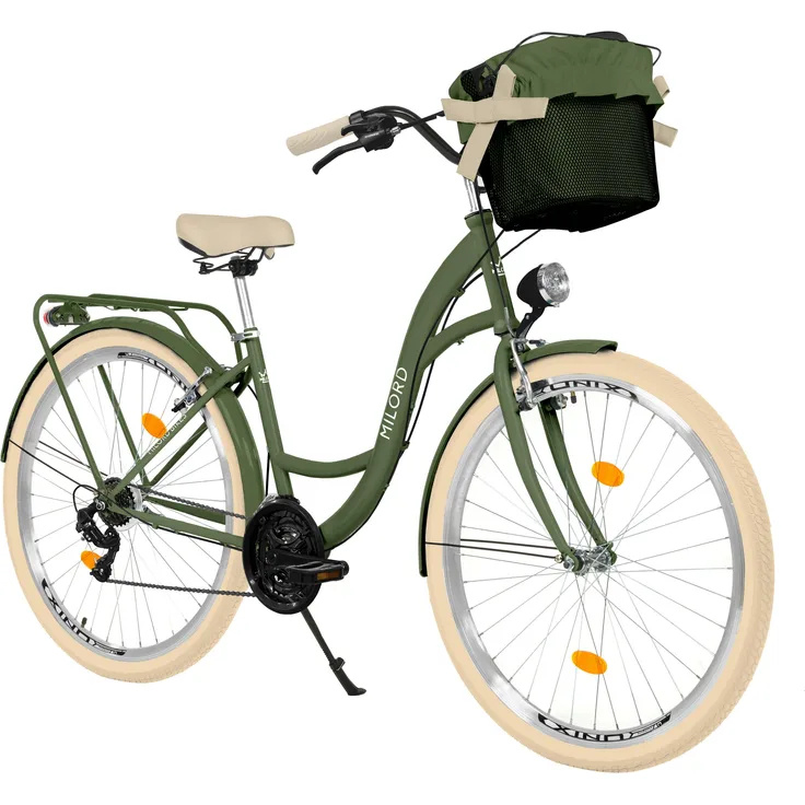 MILORD Damenfahrrad Citybike Komfort, 26 Zoll, 21-Gang, Stahlrahmen, Retro-Design, Khaki-Creme