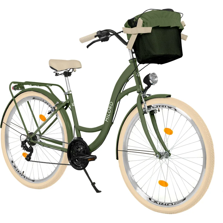 MILORD Damenfahrrad Citybike Komfort, 26 Zoll, 21-Gang, Stahlrahmen, Retro-Design, Khaki-Creme
