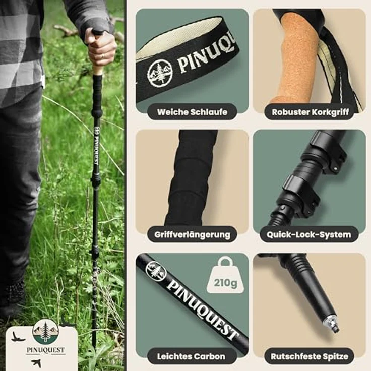 Pinuquest Wanderstöcke Teleskop Carbon, ultraleicht (210g), für 95-200 cm Körpergröße, ergonomische Korkgriffe, 4 Aufsätze für jedes Terrain – Bild 4