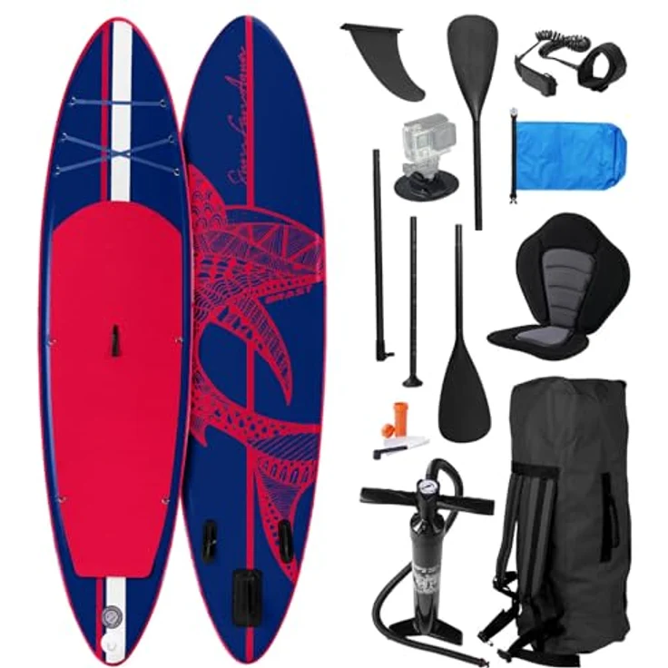 BRAST SUP Board Shark, Aufblasbares Stand up Paddle Set 320x81x15cm, 2in1 Paddel mit Kajak-Sitz, 5 Jahre Garantie, inkl. Zubehör und Action-Cam-Halterung, 8 Designs – Bild 1