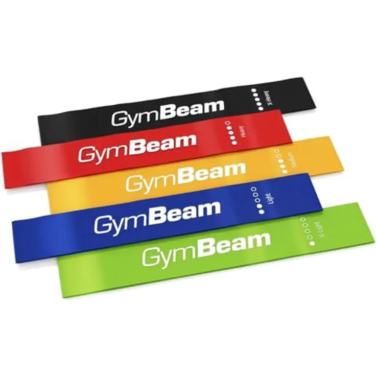 GymBeam 5er-Set Fitnessbänder, Widerstandsbänder mit verschiedenen Widerstandsstufen für Krafttraining, Yoga und Pilates, kompakt und praktisch