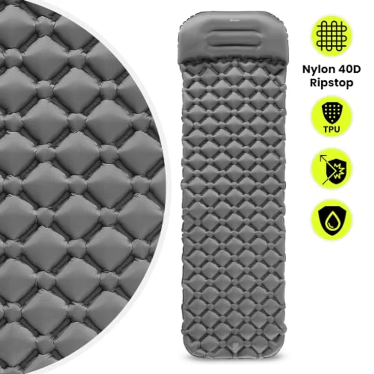 HyperMotion Campmat, ultraleichte Isomatte 190x56 cm mit integriertem Kopfkissen, grau – Bild 7