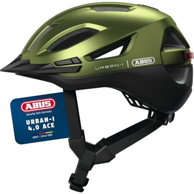 ABUS Stadthelm Urban-I 4.0 ACE, Fahrradhelm mit aufladbarem Rücklicht, 4 Leuchtmodi, Schirm, Zopf-Öffnung und magnetischem Verschluss, größe S, grün – Bild 1