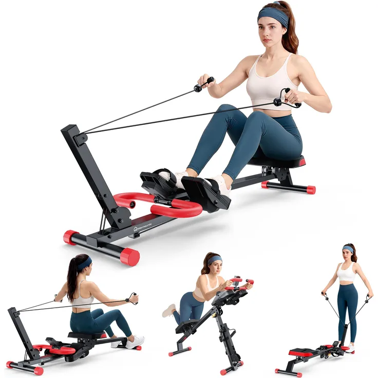 WARMOUNTS 4-in-1 Rudergerät klappbar, Fitness Rower mit 4 Höhenstufen, LCD-Monitor und bis 120 kg belastbar, schwarz