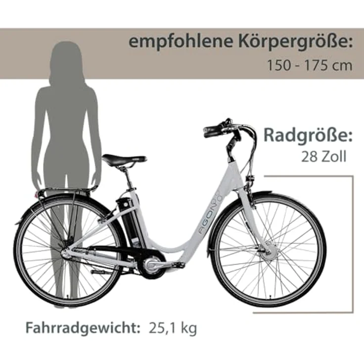 AGON Aurora E Bike Citybike 28 Zoll Elektrofahrrad 250W Motor bis 115 km 3 Gang 10,4 Ah Lithium Ionen Akku Gepäckträger Damen und Herren 150-175 cm (telegrey, 48 cm) – Bild 3