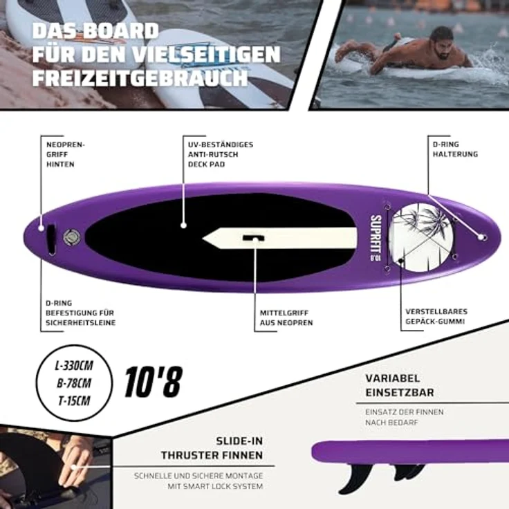 SF SUPRFIT SUP-Board Halia Purple, Touring Stand-Up-Paddling Board mit Rucksack, Paddel, Luftpumpe und 3 Finnen, Max. Nutzergewicht 140 kg – Bild 3