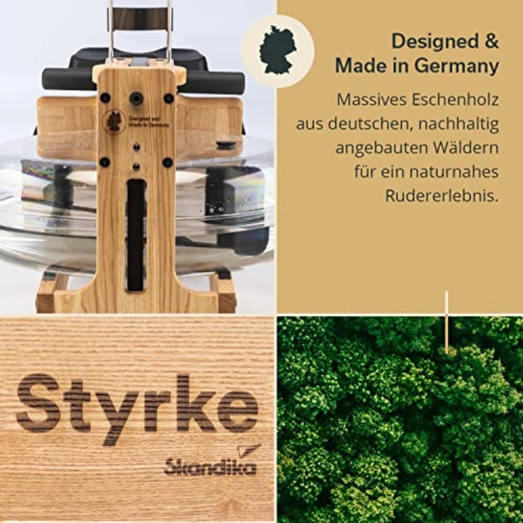 Skandika Wasserrudergerät Styrke | Designed and Made in Germany, Rudergerät Wasser aus Holz, Kinomap App-Funktion, Wasserrudergerät für Zuhause, Massive Esche, naturnahes Rudern – Bild 2