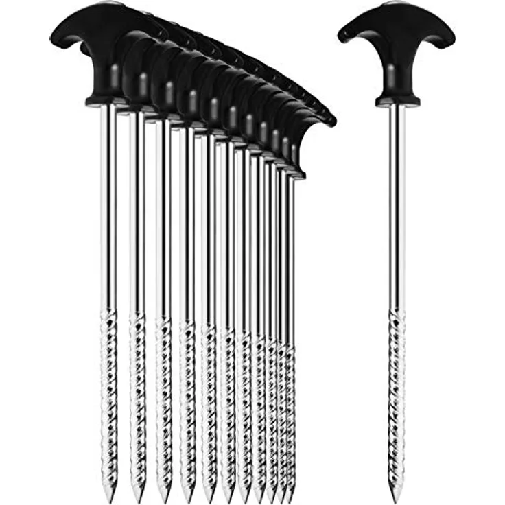 com-four® 12x Zelt-Heringe aus Stahl, robuste Erdnägel mit Gewinde für Camping und Outdoor, ideal für normalen und harten Boden, silberfarben mit T-Griff
