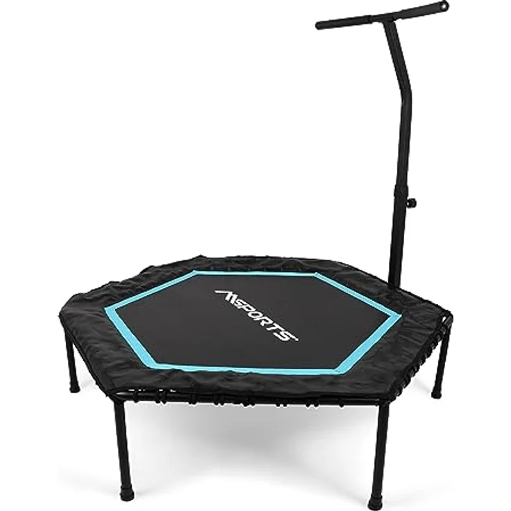 Fitness Trampolin Premium mit Klappfunktion und Haltestange für Indoor und Outdoor | mit Höhenverstellung 150 kg Belastbarkeit | Fitnessstudio oder zu Hause (Blau) – Bild 1