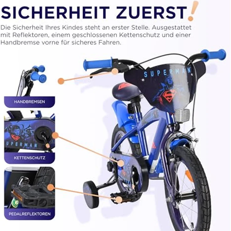 Volare Superman, Kindervelo 14 Zoll, stabiler Metallrahmen, dunkelblau, mit Handbremse und abnehmbaren Stützrädern – Bild 3