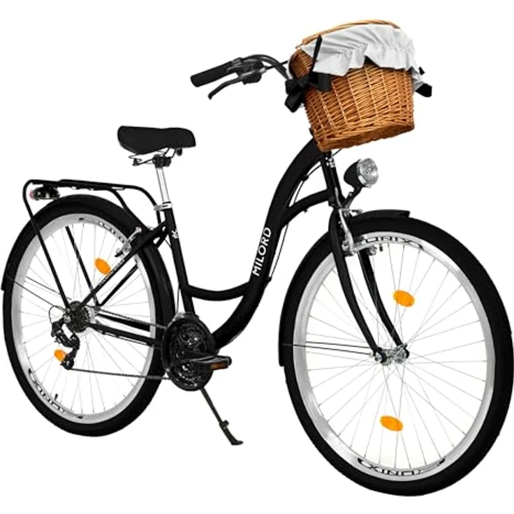 Milord Damenfahrrad Citybike Komfort, 28 Zoll, 21-Gang, mit Weidenkorb, Schwarz – Bild 1