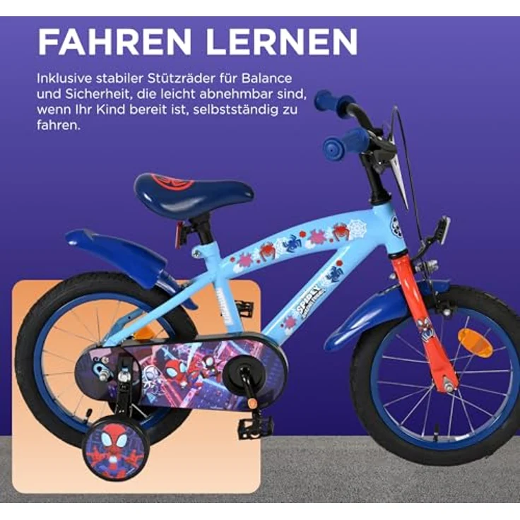 Volare Spidey Kinderfahrrad, 16 Zoll, blau, mit Hand- und Rücktrittbremse, höhenverstellbar, abnehmbare Stützräder – Bild 4