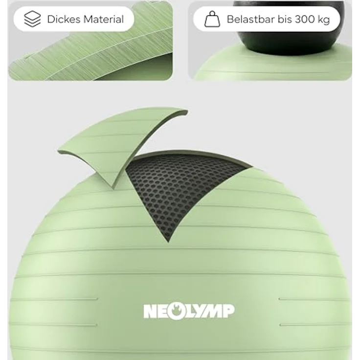 NEOLYMP Gymnastikball Sitzball Büro ergonomisch, Anti-Burst bis 300 kg belastbar, rutschfest, 150 cm (Matcha, S) – Bild 4