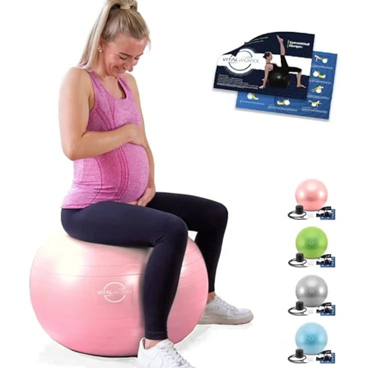 VITALWORXX Gymnastikball für Schwangere, 75 cm, extrem stabil, rosa, mit Pumpe und Übungen für Schwangerschaft, Geburt und Gesundheit – Bild 1