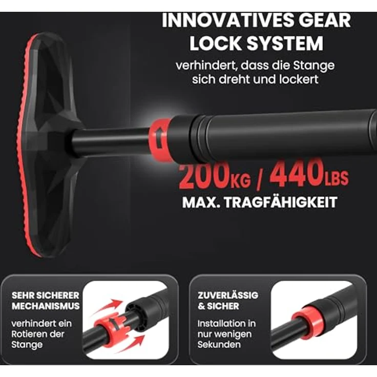 BeMaxx Klimmzugstange für Türrahmen ohne Schrauben/Bohren + Trainings-eBook - Profi Türreck Pull Up Dip Bar, gepolsterte Griffe | Klimmzug Stange zum Einhängen in Tür Zuhause, Fitness Workout Sport – Bild 2