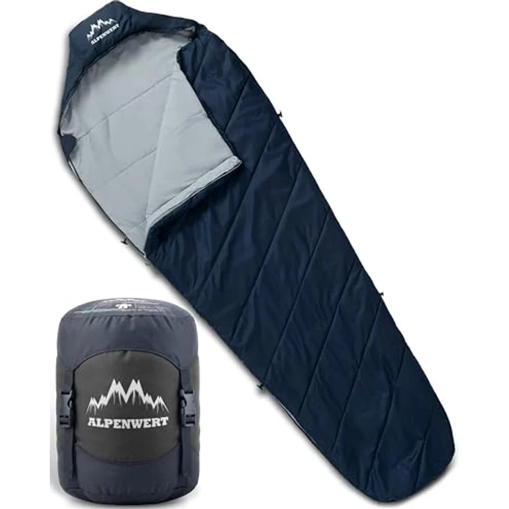 ALPENWERT® Schlafsack Sommer Ultraleicht, wasserabweisend, YKK Reißverschluss, Kältebrücke, 220x80cm, marineblau/grau innen – Bild 1