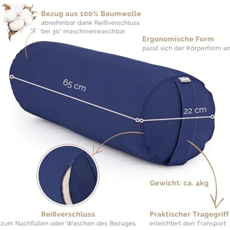 Bodhi Yoga Bolster Rolle Ø 22 cm | Yogarolle mit Bio-Dinkelfüllung | Yogakissen für Restorative & Yin Yoga | Waschbarer Bezug aus Baumwolle | Pilates Kissen mit Trageschlaufe (blau) – Bild 3