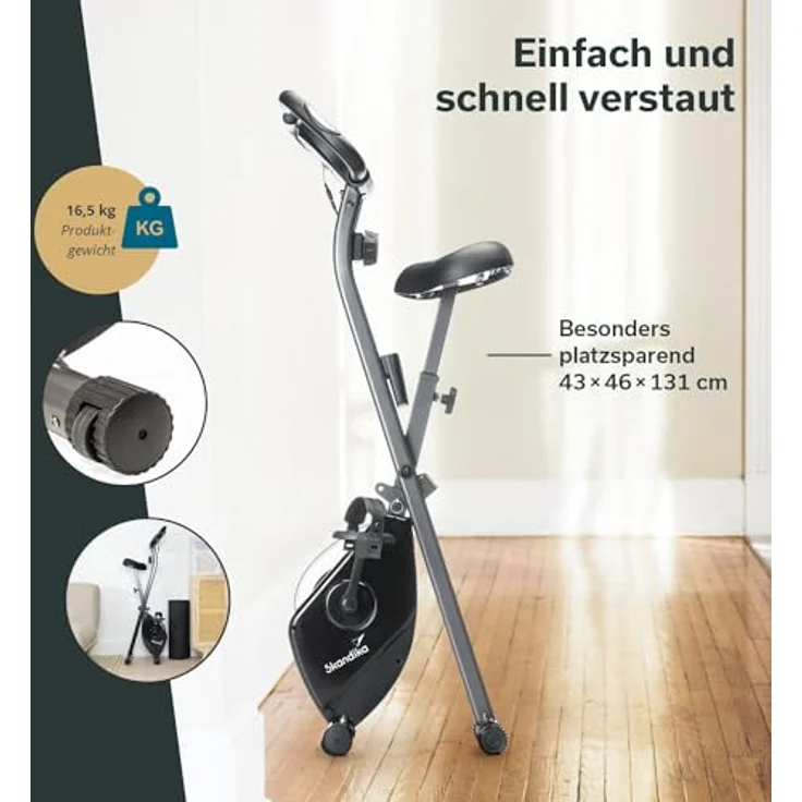 Skandika Foldaway X-1000 Fitnessbike Heimtrainer x-Bike klappbar mit Handpuls-Sensoren, 8-stufiger Magnetwiderstand, LCD Display, 130 Kg max. Gewichtsbelastung (schwarz) – Bild 3