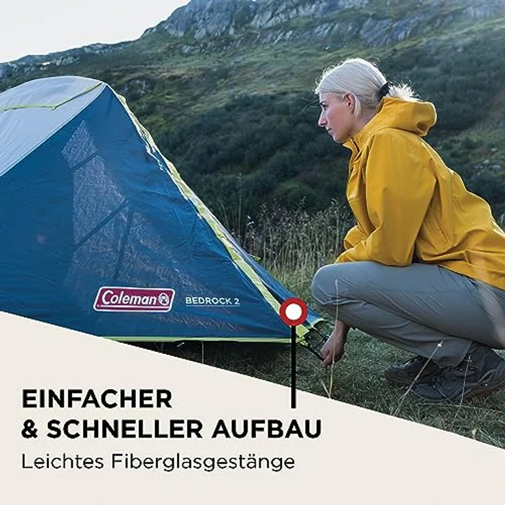 Coleman Zelt Bedrock 2, leichtes 2-Mann-Kuppelzelt, 100% wasserdicht mit 3.000mm WS, geeignet für Camping, Wander- & Motorradtouren, grün – Bild 2