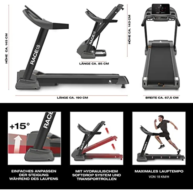 FitEngine Laufband RACE18 | Profi Laufband extra leise 8 Zonen Dämpfung | bis 150 kg Traglast | 15% automatische Steigung, Klappbar | 7 PS bis zu 18 km/h | großes Display, Lautsprecher & Bluetooth - Preisvergleich – Bild 2