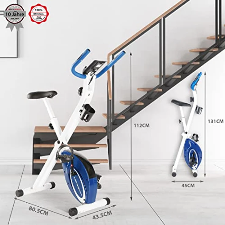 Ultrasport F-Bike, F-Rider Basics, Fahrradtrainer, Fitnessfahrrad LCD Trainingscomputer, klappbarer Heimtrainer, Maximales Benutzergwicht 110kg, Pulsmessung, 8 Widerstandsstufen, Trimmrad, Navy – Bild 2