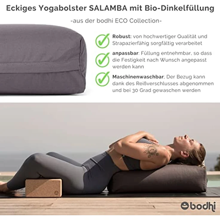 Bodhi Yoga Salamba Bolster Eco | Waschbarer Bezug aus 100% Bio-Baumwolle | Yogarolle eckig mit Bio Dinkelfüllung | Yogakissen groß für Restoratives Yoga | Maße: 63,5 x 26,5 x 20,5 cm (Natur) – Bild 4