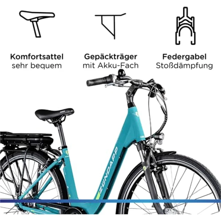 ZÜNDAPP Z600 City E Bike, Elektrofahrrad für Damen, 28 Zoll, 7 Gang Nabenschaltung, 250W Vorderradmotor, türkisblau, 47 cm, bis 150 km Reichweite – Bild 4
