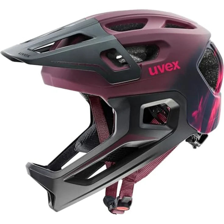 Uvex React Jr Fullface, Kinder MTB Fahrradhelm, cranberry matt, Größenverstellbar, integrierte Sonnenblende, passive Belüftung – Bild 1