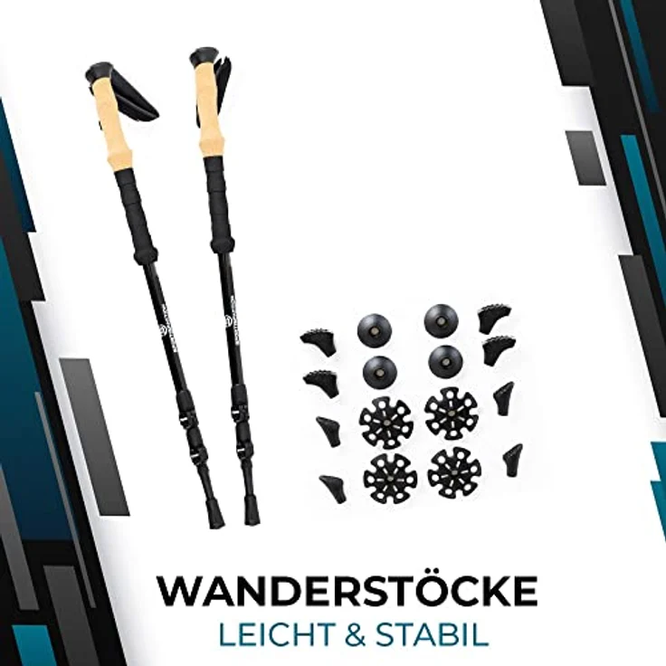 Sportisfaction Carbon Wanderstöcke, Teleskopverstellung 63-140 cm, Korkgriff, ultraleicht 260g, inkl. 5 austauschbare Aufsätze – Bild 2