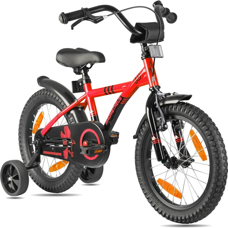 PROMETHEUS BICYCLES HAWK 16 Zoll Kinderfahrrad, 1 Gang, Rücktrittbremse, Stützräder, geeignet für Jungen und Mädchen ab 5 Jahren, tiefer Einstieg, sicherheitszertifiziert nach DIN EN ISO 8098
