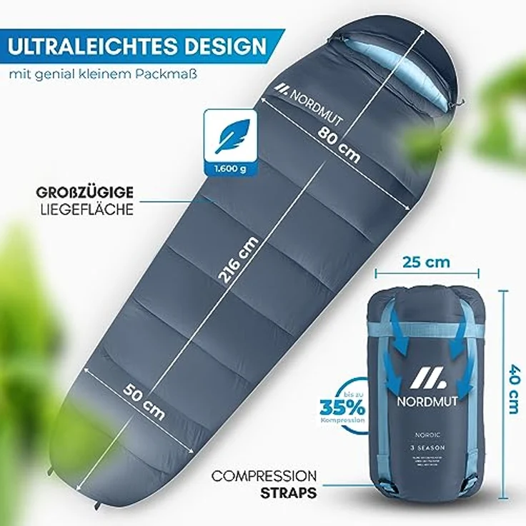 NORDMUT® Schlafsack Ultraleicht – Mumienschlafsack für Sommer (100 GSM) und 4-Jahreszeiten (300 GSM), wasserfest, 900g, inkl. Kompressionsbeutel, Marine – Bild 5