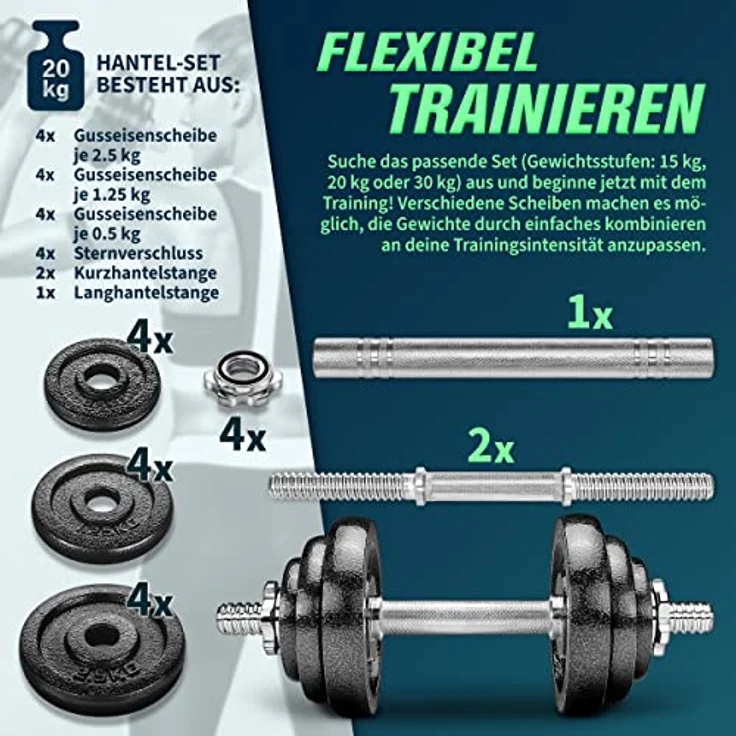 RE:SPORT 2 in 1 Hanteln Set 20 kg | Hantelset Gusseisen verstellbar | Kurzhantel & Langhantel | Sternverschlüsse & Verbindungsrohr – Bild 5