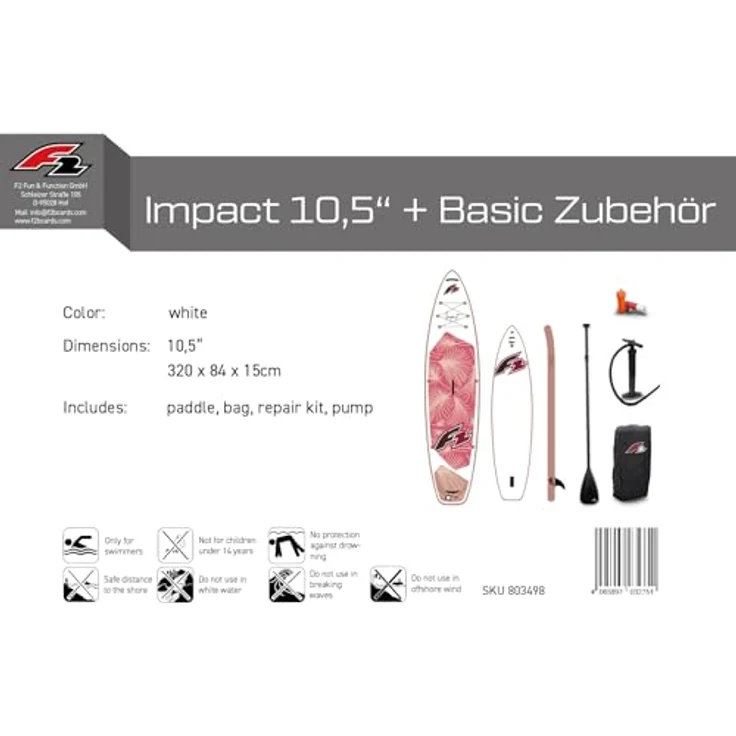 F2 Damen SUP Stand Up Paddle Board Impact 320cm 10,5 Weiß, stabil und komplett mit Zubehör, ideal für Einsteiger – Bild 5