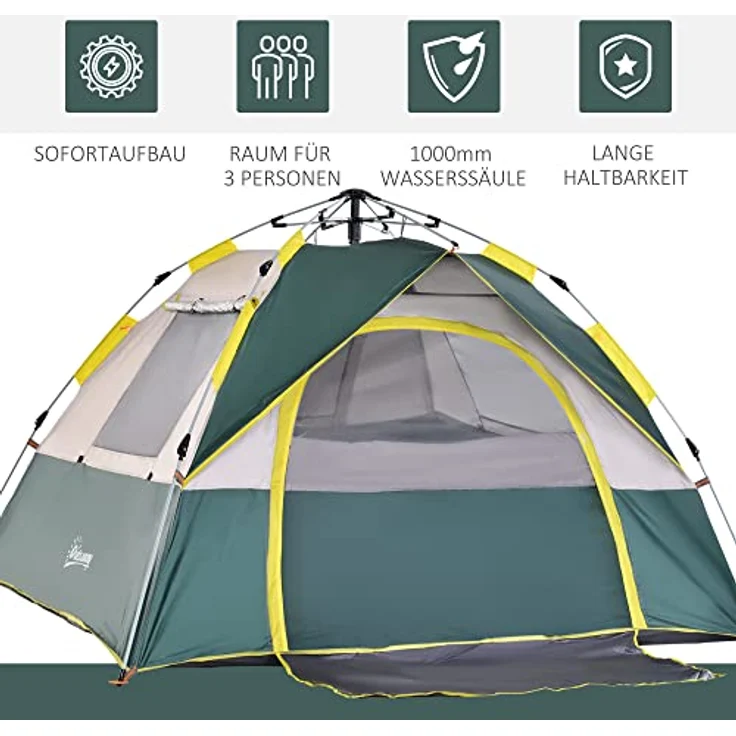 Outsunny Zelt für 3 Personen, Campingzelt mit Heringen, Kuppelzelt, Polyester, Grün, 205 x 195 x 135 cm – Bild 3
