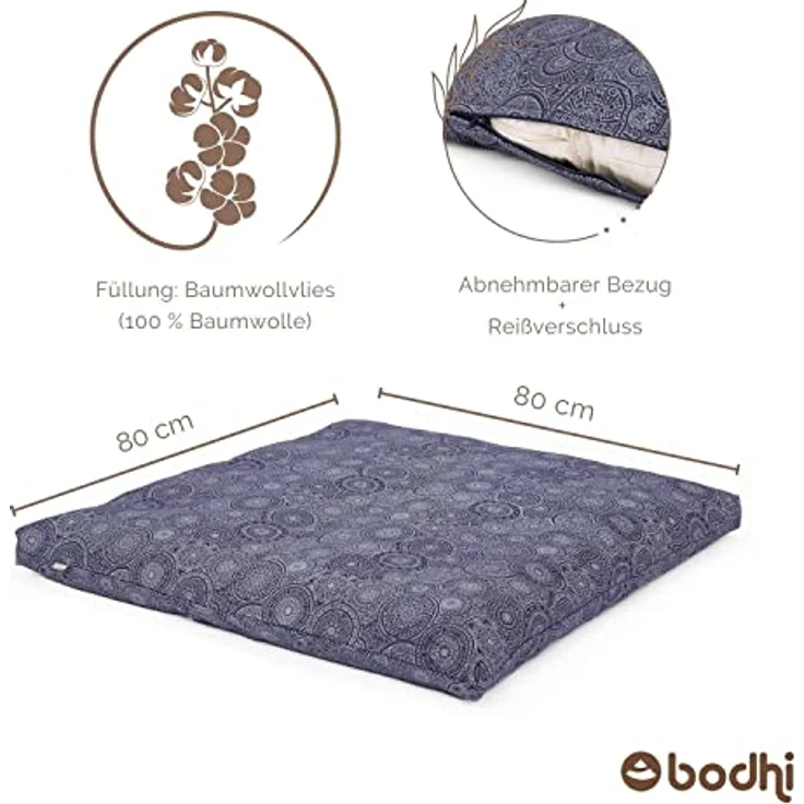 Bodhi Meditationsmatte ZABUTON | Maharaja Collection | Gemusterte Yoga Matte mit waschbarem Bezug aus 100% Baumwolle | Meditationskissen Unterlage | Maße 80 x 80 x 6 cm (dunkel-blau/Mandala) – Bild 3