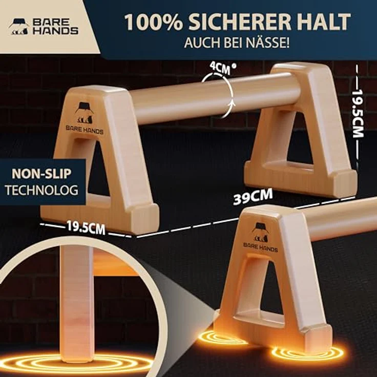 Bare Hands Liegestützgriffe XL - Gelenksschonende & rutschfeste Holz Liegestützgriffe für Handstand & Calisthenics, helles Buchenholz, 2er Set – Bild 2