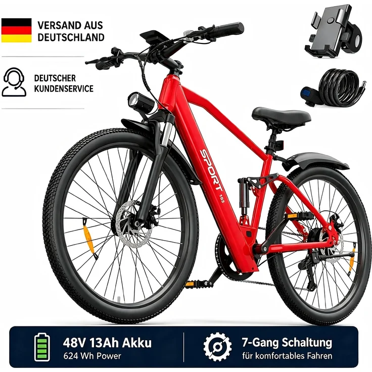 PiXELPiLOT T8S E-Bike, Trekking E-Bike mit 250W, 48V 13Ah Akku, Shimano 7-Gang, Doppelte Federung, LED-Licht, LCD Display, Schwarz